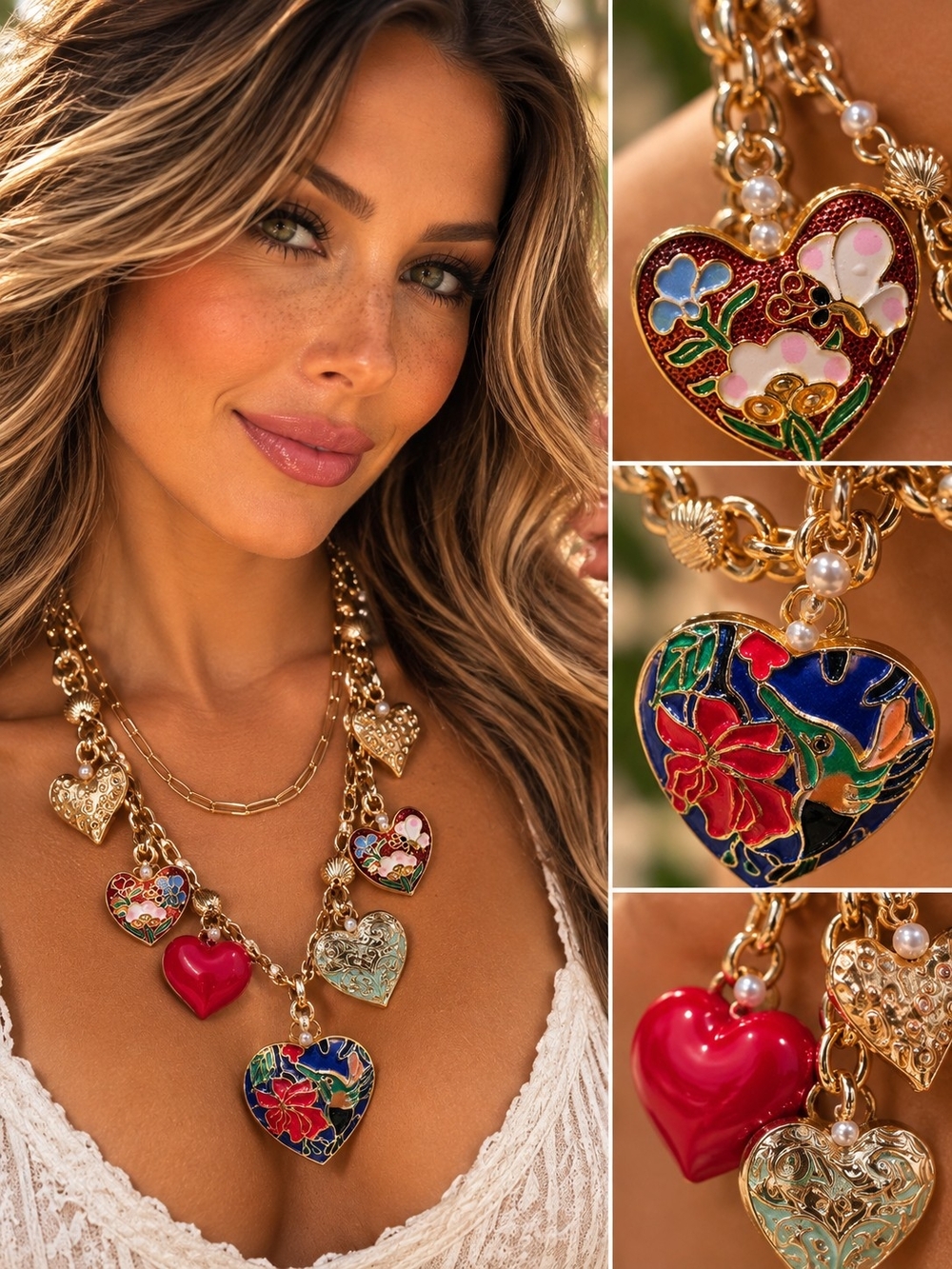 Gold-Tone Multi-Heart Pendant Necklace with Red & Enamel Accents